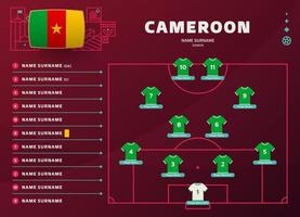 cameron allineare mondo calcio 2022 torneo finale palcoscenico vettore illustrazione. nazione squadra allineare tavolo e squadra formazione su calcio campo. calcio torneo vettore nazione bandiere