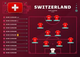 Svizzera allineare mondo calcio 2022 torneo finale palcoscenico vettore illustrazione. nazione squadra allineare tavolo e squadra formazione su calcio campo. calcio torneo vettore nazione bandiere