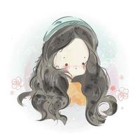 bambina carina disegnata a mano con i capelli lunghi vettore