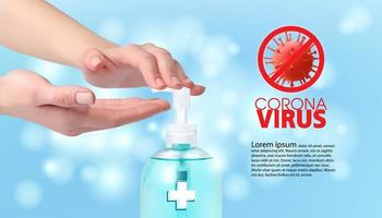 mani utilizzando dispenser di gel disinfettante per le mani, contro il coronavirus vettore