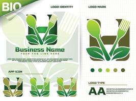 salutare cibo lettera h logo design con creativo verde foglia vettore