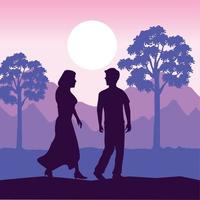 coppia silhouette nel viola paesaggio vettore