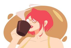 bellissimo rosso capelli ragazza nel bicchieri godendo caffè. adatto per mattina temi, bere, passatempo, eccetera. piatto vettore illustrazione