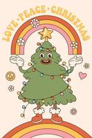 Groovy hippie Natale e contento nuovo anno. arcobaleno, Natale albero nel di moda retrò cartone animato stile. vettore