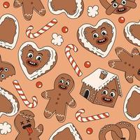 Natale senza soluzione di continuità modello. caramella, pretzel, biscotto, Pan di zenzero nel di moda retrò cartone animato stile. vettore
