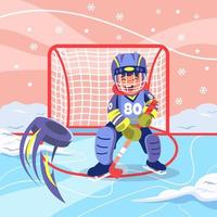 bambino che gioca a hockey su ghiaccio in inverno vettore
