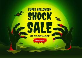 poster di vendita di halloween con le mani di zombie vettore