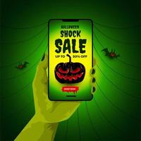 poster di vendita di Halloween con lo smartphone in mano di zombie vettore