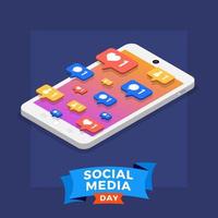 poster di social media day con icone sullo smartphone vettore