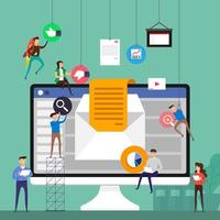 piccole persone team building email marketing sul computer vettore