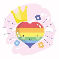felice giorno dell'orgoglio, cuore arcobaleno con corona e fiori vettore