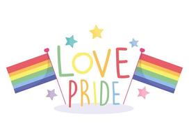 felice giorno dell'orgoglio, bandiere arcobaleno, design di celebrazione di stelle vettore