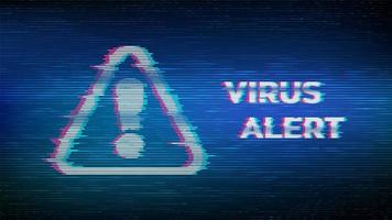 banner con avviso di virus e simbolo di attenzione glitch vettore