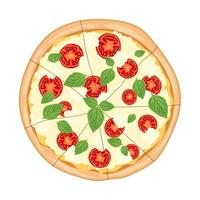 Pizza Margherita superiore Visualizza. italiano veloce cibo. Italia merenda con pomodoro, basilico le foglie e Mozzarella formaggio.gustoso pasto, veloce cibo icona. piatto vettore illustrazione isolato su bianca sfondo