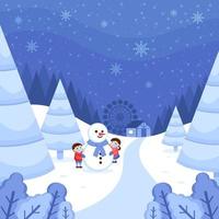 paesaggio invernale delle meraviglie con bambini che giocano sulla neve vettore