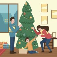 famiglia che decora l'albero di Natale vettore