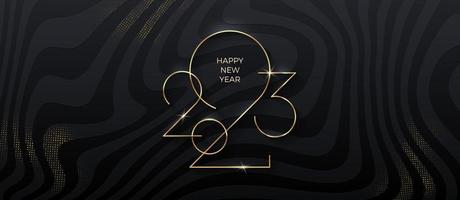 d'oro 2023 nuovo anno logo su nero a strisce sfondo con luccichio oro. vacanza saluto carta. vacanza design per saluto carta, invito, calendario, eccetera. vettore illustrazione.