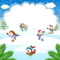 inverno Natale sfondo con pupazzo di neve giocando ghiaccio pattini, sciare, slitta cavalcata vettore