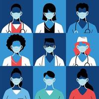 medici di sesso femminile e maschile con maschere e uniformi vettore