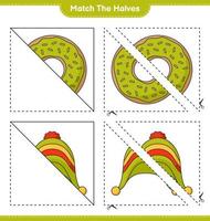 incontro il metà. incontro metà di ciambella e cappello. educativo bambini gioco, stampabile foglio di lavoro, vettore illustrazione