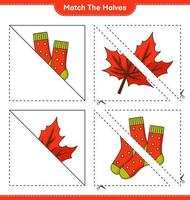 incontro il metà. incontro metà di calzini e acero foglia. educativo bambini gioco, stampabile foglio di lavoro, vettore illustrazione