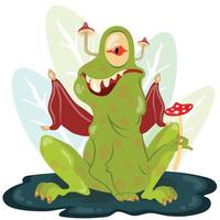 personaggio rana mostro seduta nel palude con volare agarico nel il suo zampa. mano disegnato vettore illustrazione. adatto per adesivi, cartoline.