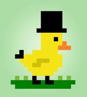 Pixel a cappello con anatra a 8 bit. risorse di gioco di animali nelle illustrazioni vettoriali. vettore