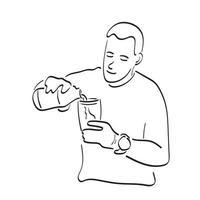 uomo scrosciante acqua nel bottiglia per il bicchiere illustrazione vettore mano disegnato isolato su bianca sfondo linea arte.