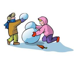 Due ragazzi fabbricazione un' pupazzo di neve. bambini, figli, inverno attività, piatto vettore illustrazione.