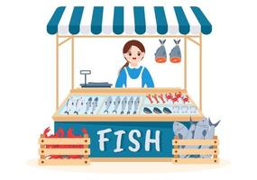 pesce memorizzare per mercato vario fresco e igienico prodotti frutti di mare nel piatto cartone animato mano disegnato modelli illustrazione vettore