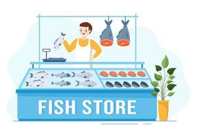 pesce memorizzare per mercato vario fresco e igienico prodotti frutti di mare nel piatto cartone animato mano disegnato modelli illustrazione vettore