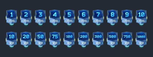 badge con livello numero e xp per gioco vettore