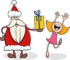 cartone animato Santa Claus dando Natale presente per poco ragazza vettore