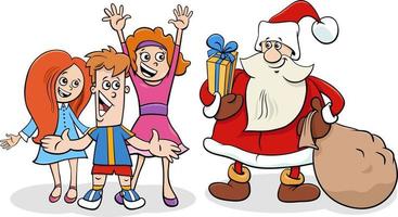 cartone animato Santa Claus con sacco di Natale i regali e bambini vettore