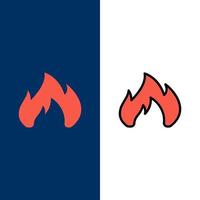 fuoco riscaldamento camino scintilla icone piatto e linea pieno icona impostato vettore blu sfondo