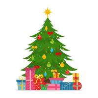 Natale albero con regalo scatole, stella e luci. allegro Natale. vettore illustrazione.