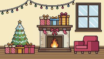 pixel arte vivente camera con Natale decorazione con il camino, Natale albero e poltrona sfondo vettore per 8 bit gioco