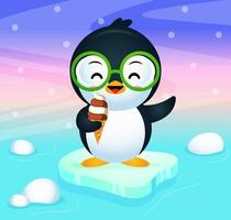 contento carino pinguino mangiare ghiaccio crema vettore