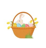 festivo Pasqua cestino con un' impostato di uova con un ornamento e fiori e coniglietto coniglio. contento Pasqua saluto carta. vettore illustrazione isolato su bianca sfondo