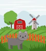 azienda agricola gatto su terreno agricolo. rurale paesaggio. piatto vettore illustrazione di nazione lato rancio