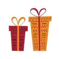 2 regalo scatole nel semplice mano disegnato stile decorato con nastro, arco, carta con tribale etnico ornamenti - linee, triangoli. Kwanzaa regali zawadi carino clip arte. vettore illustrazione isolato