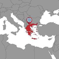 mappa pin con bandiera della grecia sulla mappa del mondo. illustrazione vettoriale. vettore