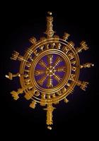 3d oro vichingo pagano asatru runico bussola, vegvisir runa cerchio vichingo norvegese mitologia. d'oro protettivo talismano per i viaggiatori. magico navigatore bussola per il vagare. vettore isolato su nero