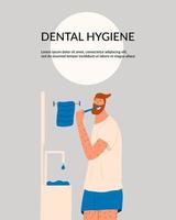il uomo osserva dentale igiene. maschio adulto personaggio è spazzolatura denti nel il mattina per carie prevenzione. vettore illustrazione nel piatto stile