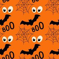 Halloween senza soluzione di continuità modello con ragnatela, pipistrello illustrazione su arancia colore sfondo vettore