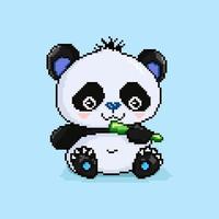 carino e divertente cartone animato panda con bambù su blu sfondo. pixel arte stile. isolato vettore design con panda.