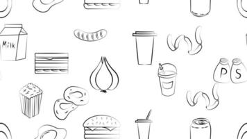 nero e bianca infinito senza soluzione di continuità modello di cibo e merenda elementi icone impostato per ristorante bar bar Sandwich, hamburger, bibita, bere, Popcorn, limonata, salsiccia. il sfondo vettore