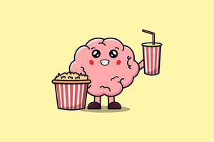 carino cartone animato cervello con Popcorn e bevanda vettore