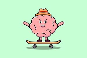 carino cartone animato cervello in piedi su skateboard vettore