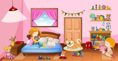 ragazze che giocano con i loro giocattoli in camera da letto rosa vettore
